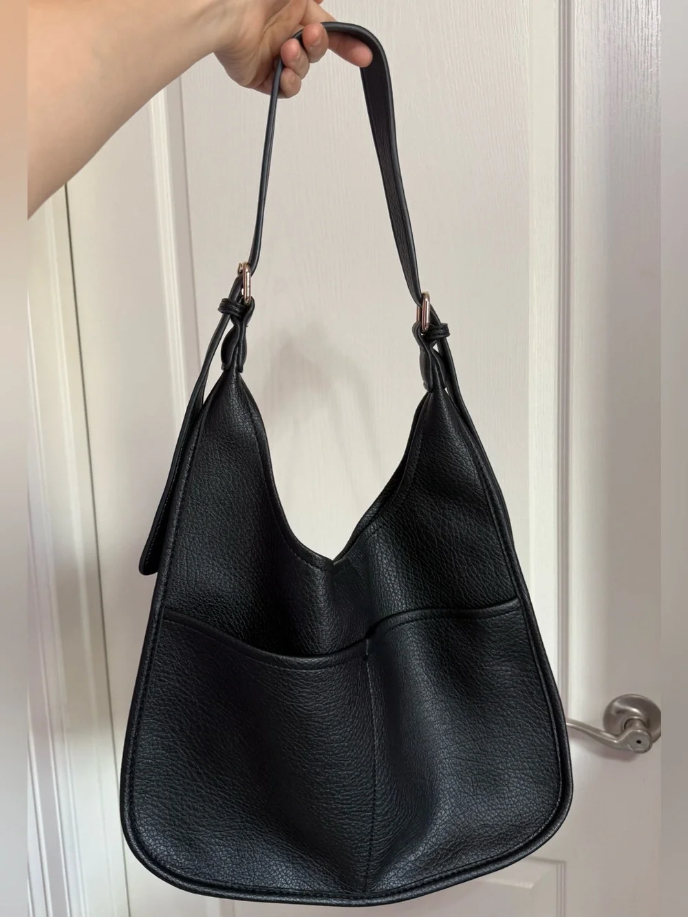 Black Pebbled Slouchy Hobo Shoulder Bag with Gold-Tone Hardware